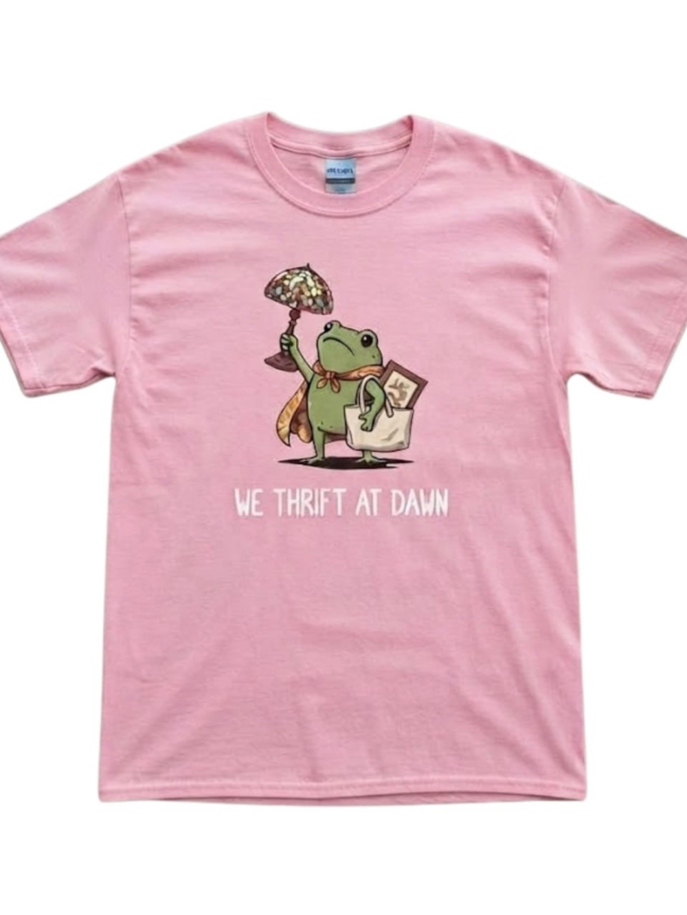 Pink 'We Thrift at Dawn' Frog Meme cozy everyday Graphic T-Shirt